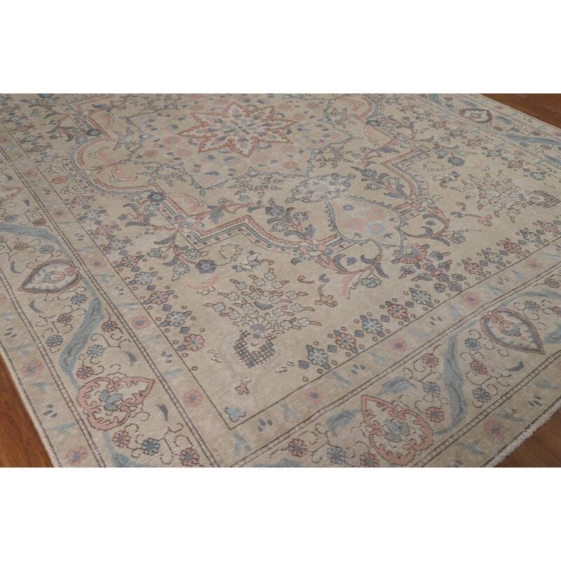 Tabriz Persian Area Rug Handmade Traditional Beige Floral Wool Carpet - 8'0"x 10'11"