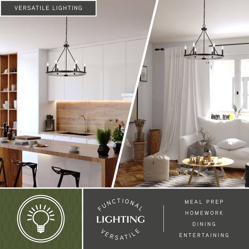 Russel 6 Light Matte Black and Weathered Gray Farmhouse Candle Wheel Chandelier - 24.75-in W x 21.5-in H x 24.75-in D