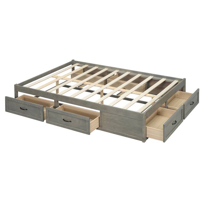 Full Size Wood Structure Platform Bed Retro Mattress Foundation Grounded Storage Bed Frame with 6 Drawers, Antique Grey