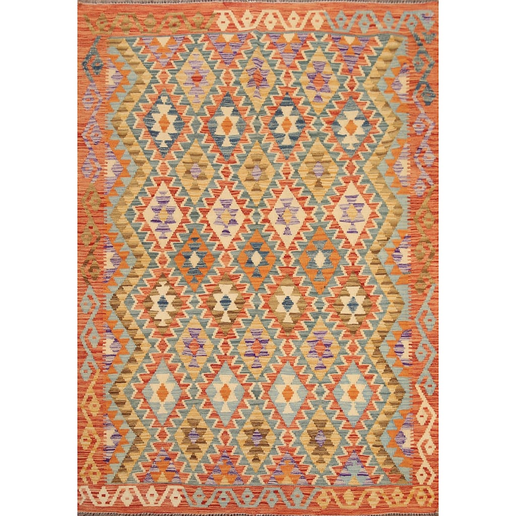 Hand Woven Oriental 100% Wool Carpet Southwestern All-Over Oranges & Rust Kilim Area Rug - 6' 9'' X 5' 3''
