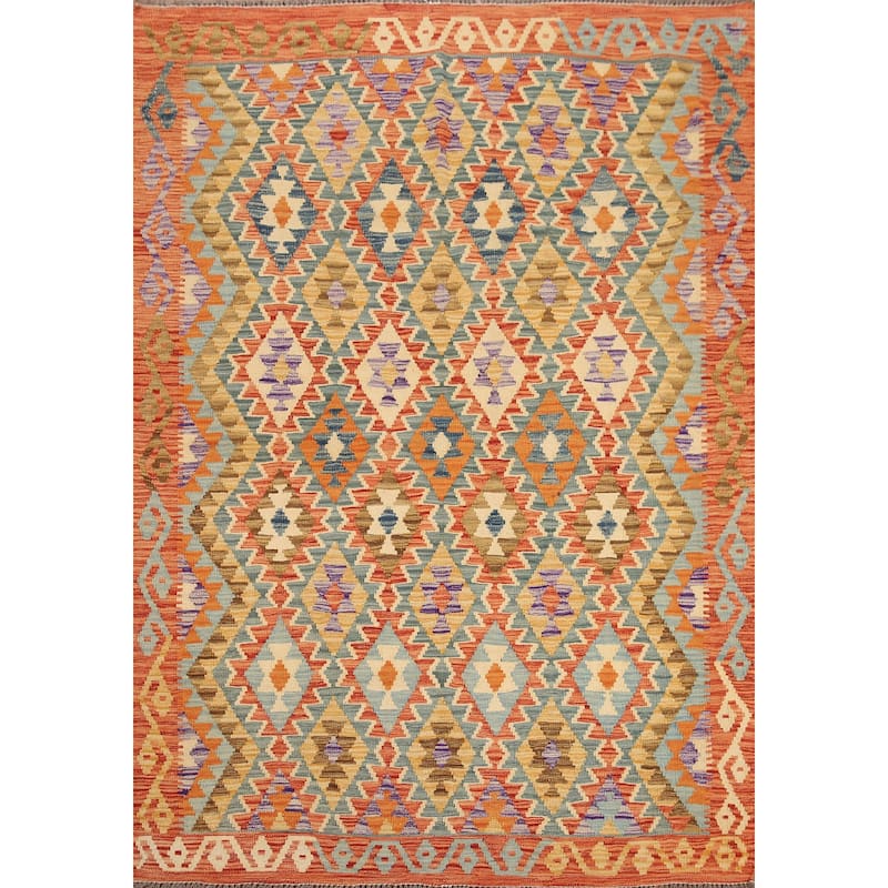 Hand Woven Oriental 100% Wool Carpet Southwestern All-Over Oranges & Rust Kilim Area Rug - 6' 9'' X 5' 3''