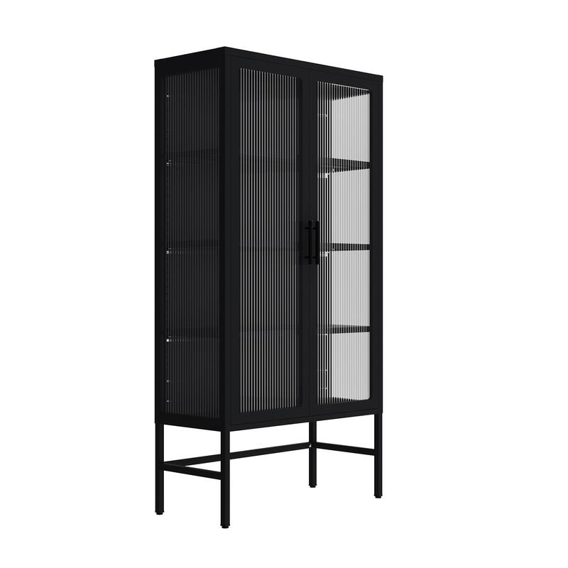 Modern Glass Door Cabinet with Adjustable Shelves Steel Storage Sideboard
