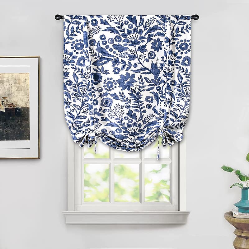 Porch & Den Ouzel Floral Watercolor Tie Up Single Curtain Panel - 25" width x 47" length - Navy