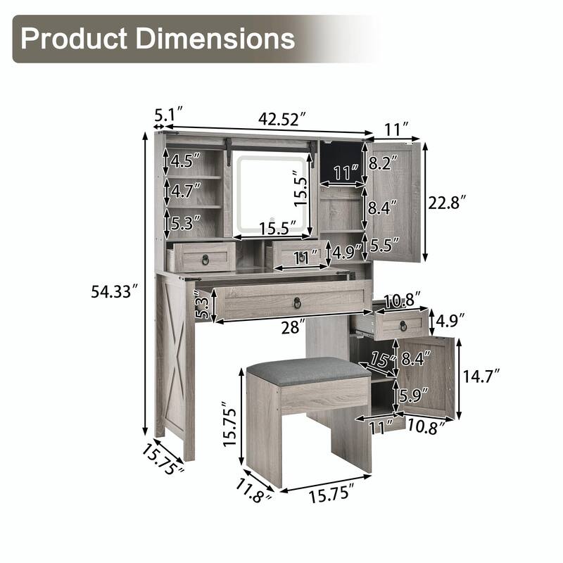 Farmhouse Vanity Desk with Sliding Mirror & Lights, Glass Top Vanity Set