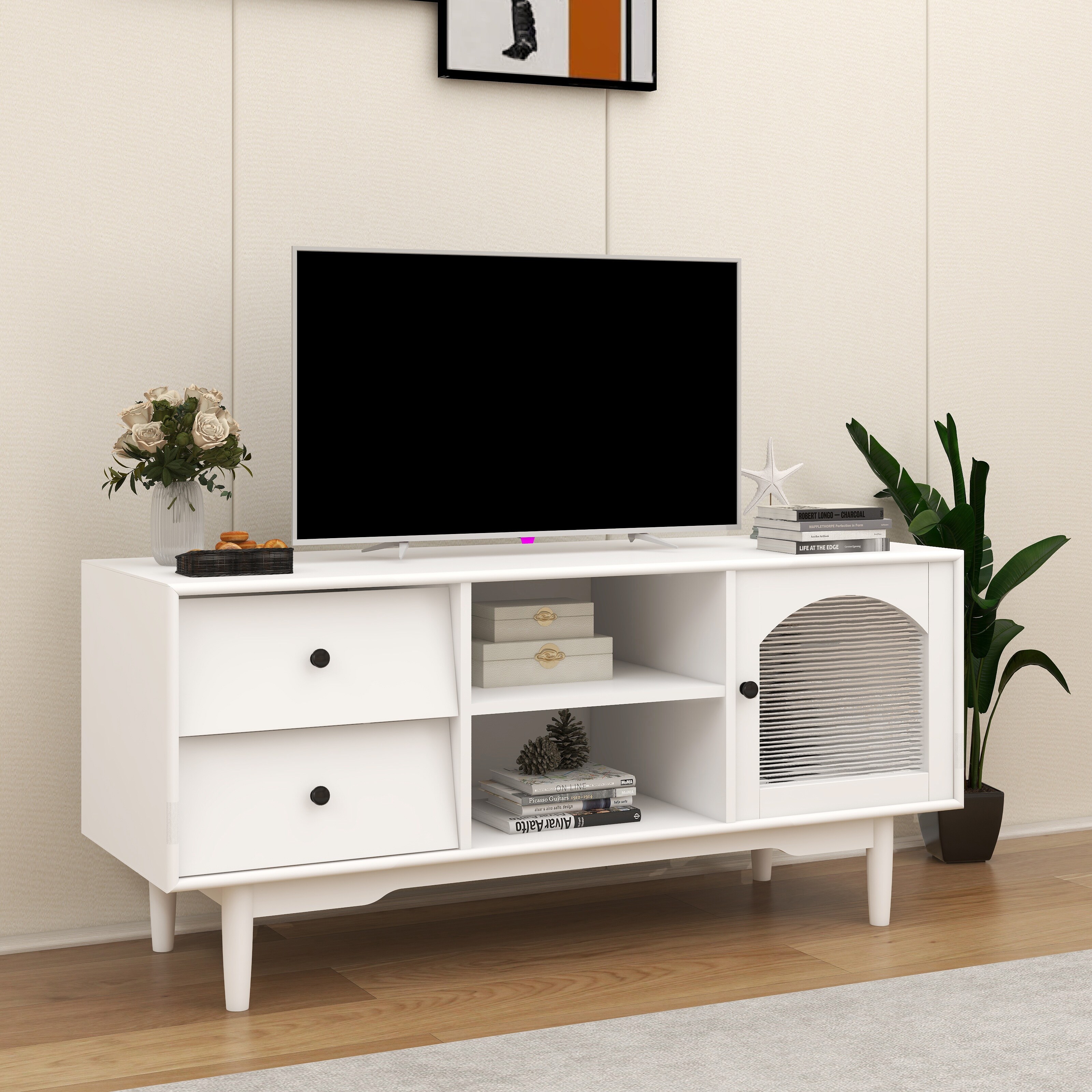 White TV Stand with 2 Tilting Drawers and Open Shelves, A Small Cabinet  with Glass Door, Modern TV Console Table