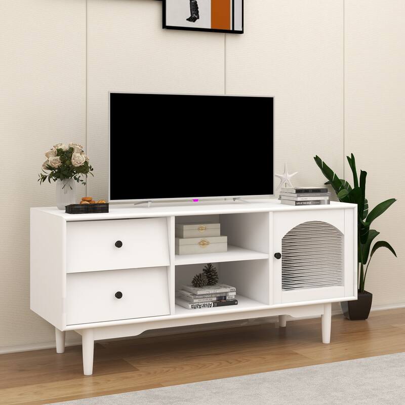 White TV Stand with Drawers and Open Shelves, A with Glass
