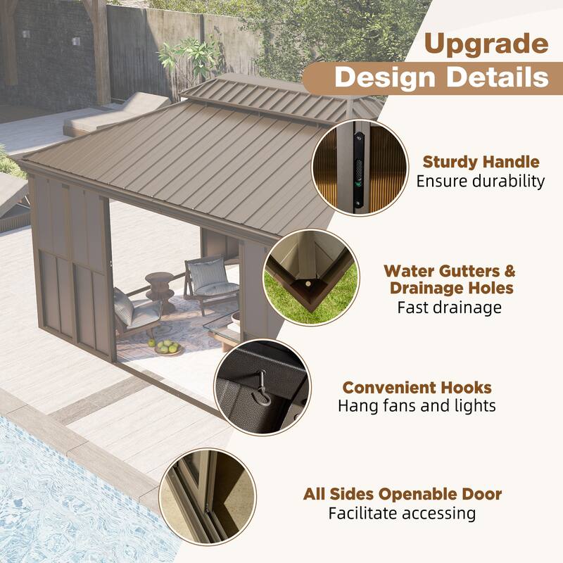 Hardtop Gazebo with Double Steel Roof, Sliding/Lockable Doors & Screens - All-Season Rustproof Aluminum Frame，Advanced Drainage