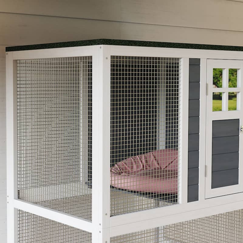 PawHut 74" Wooden Outdoor Cat House Catio Outdoor Cat Enclosure, Light Gray