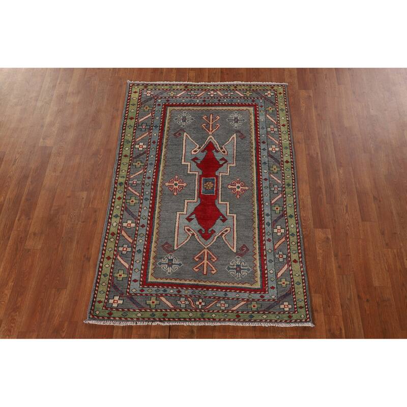 Gray Geometric Kazak Oriental Accent Rug Hand-Knotted Wool Carpet - 3'4"x 5'0"