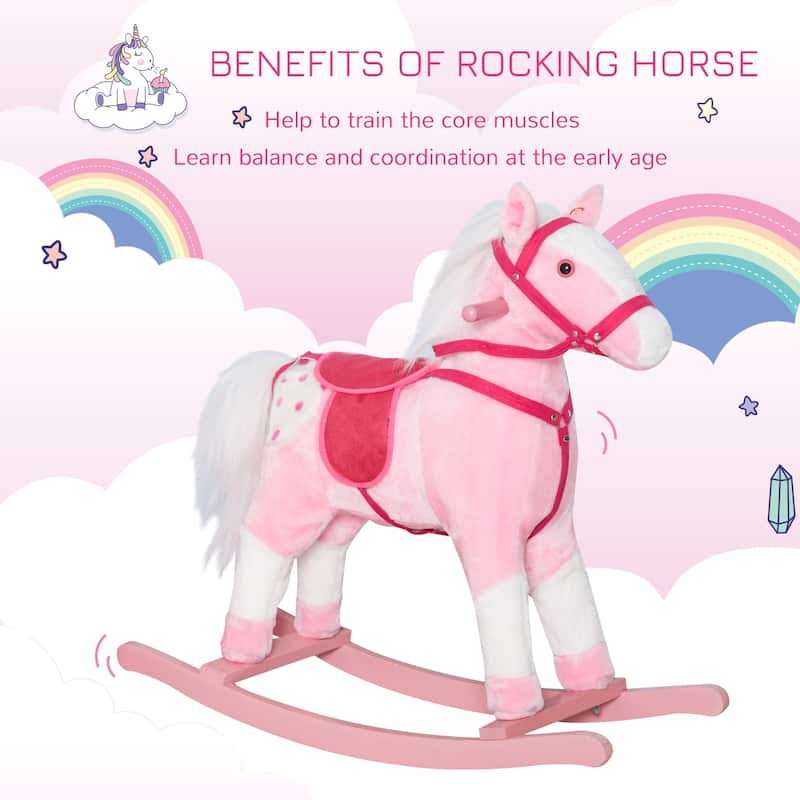 Pink-White Rocking Horse for Kids with Sound Effects Soft Seat and Wooden Frame - 30.75" L x 11" W x 26.75" H