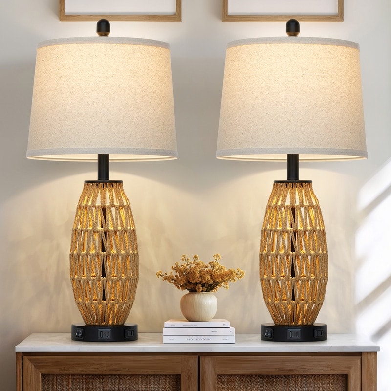 Set of 2 Elegant Cream Ceramic Table Lamps, 27-Inch 3-Way Touch Dimmable with USB-A, USB-C & AC Outlet - 12.5'' x 12.5'' x 27''