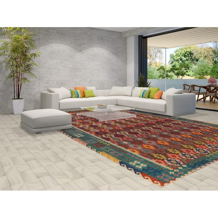 Geometric Kilim Oriental Large Rug Hand-Woven Wool Carpet - 10'3"x 16'6"