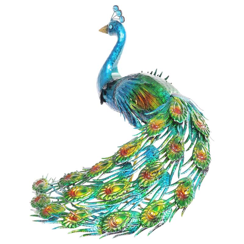 Exhart Hand Painted Majestic Metal Standing Peacock Garden Statue, 15 by 24 Inches