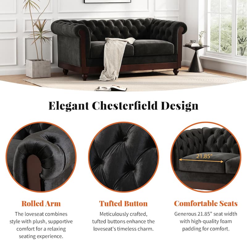 Velvet Loveseat Sofa, with Tufted Button Lounge Couch, Upholstered Sofa Couch 2-Person Rolled Armchair for Living Room
