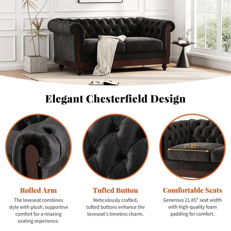 Vivalux 59.44" Chesterfield Velvet Loveseat Sofa, Black, Rolled Arms & Tufted Button, 2-Person Seating for Small Spaces