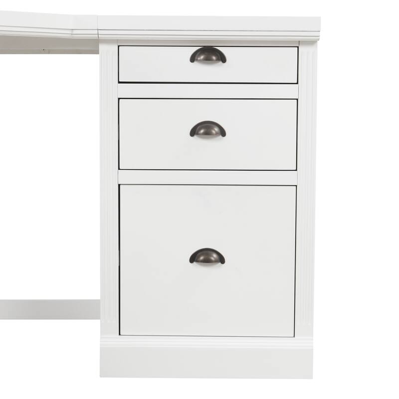 Modern White Executive Desk with Wide Desktop and Storage Shelves Three Drawers for Office