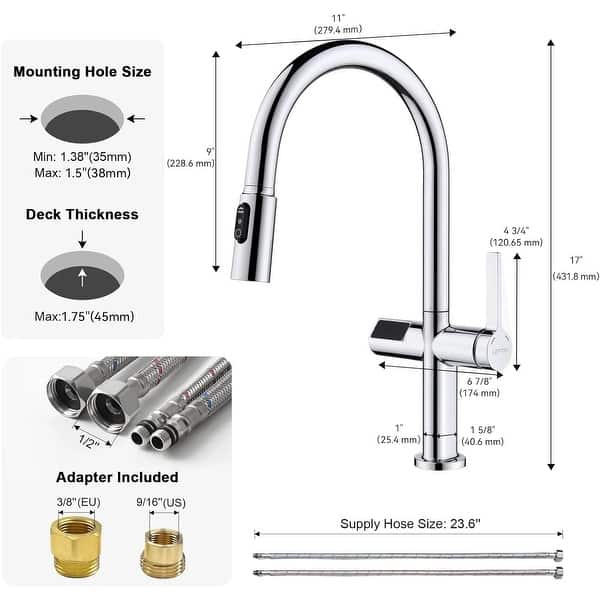 dimension image slide 4 of 5, Lefton Touchless Pull-Out Kitchen Faucet, Hands Free Motion Sensor Activated, Battery-Free Temperature Display, KF2206
