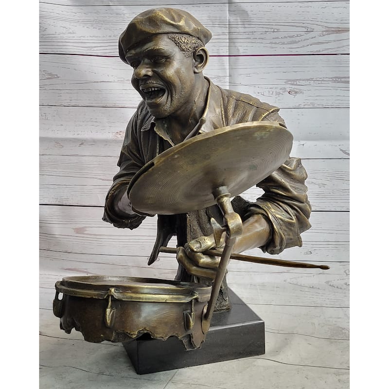 African African Drummer Black Musician Sculpture Bronze Statue Art Decor Marble Base