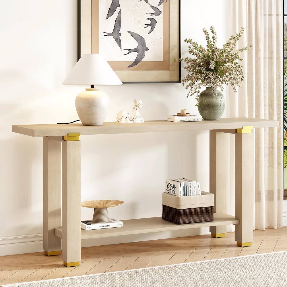 62.9" Modern Minimalist Console Table, Solid Wood Entryway Sofa Table with Metal Accents and Built-in Shelf