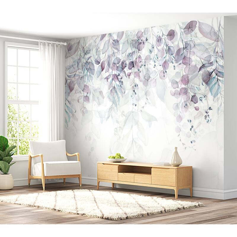 Floral Non-pasted Wallpaper Wall Mural - Watercolor Leaves Purple.