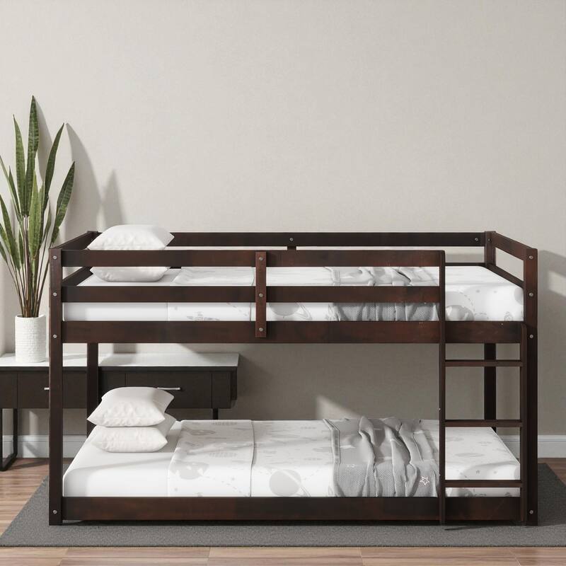 Solid Rubber Wood Twin Over Twin Floor Bunk Bed with Ladder, Low Height Design and Strengthened Slat Support - Espresso - Twin