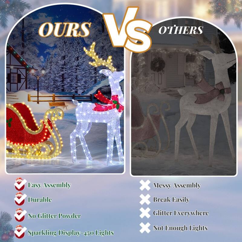 5FT Lighted Reindeer Pulling Sleigh Christmas Decorations Outdoor Indoor Decor Lighted Holiday Displays - Gold+White