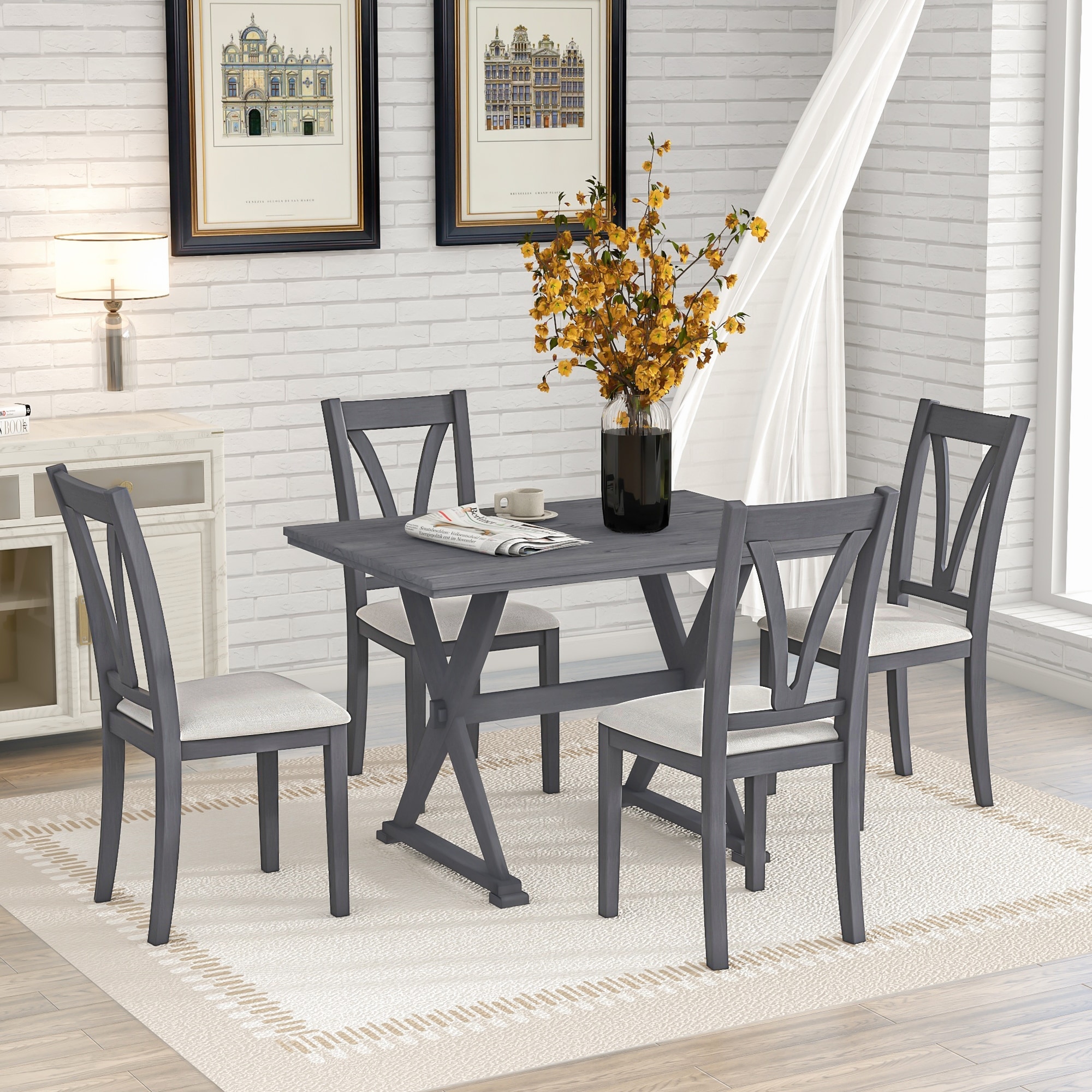 Mid-Century Style Grey Wood 5-Piece Dining Table Set