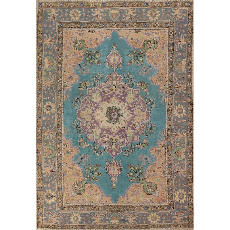 Turquoise Blue Medallion Tabriz Persian Area Rug Handmade Wool Carpet - 6'4"x 9'10"