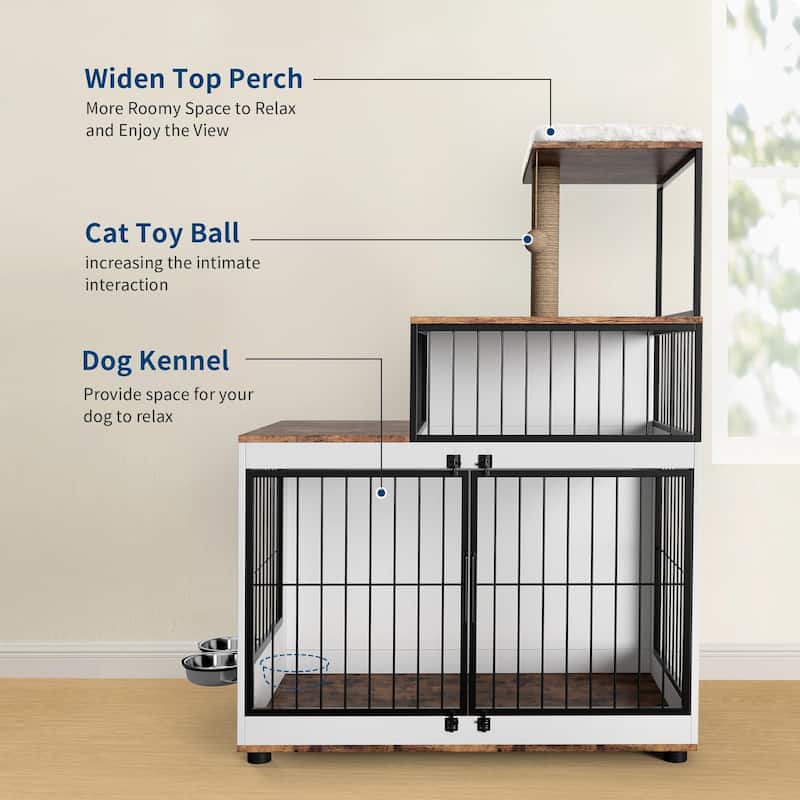 Multifunctional Dog Crate with Cat Perch, Bowls, Storage Shelves