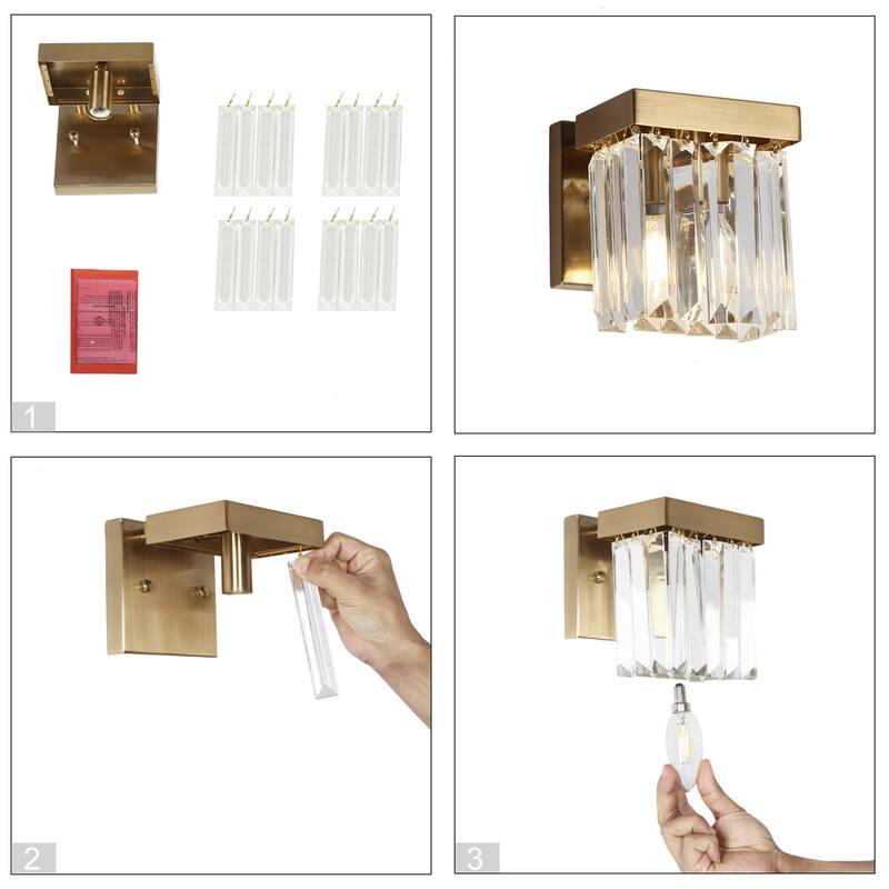 Diore Modern 1-Light Crystal Wall Sconce Gold Bathroom Vanity Light - L 5.9" x W 4.5" x H 5.5"