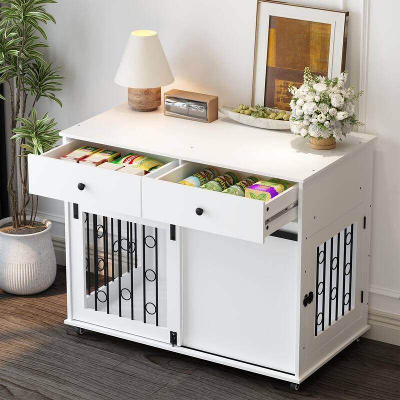 39.37'' Wooden Dog Crate Furniture with 2 Drawers, Sliding Barn Door, Lockable Wheels