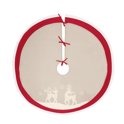 Nordic Christmas Deer on Beige Background with Snowflakes and Red Trim Cotton Christmas Tree Skirt, 54.0-in.