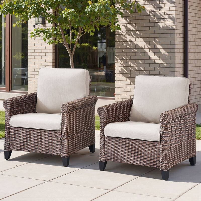 Pocassy Outdoor Sofa Swivel Chairs Patio Chair Funiture Set - 2PCS Patio Chairs - Brown Wicker Blue Cushion