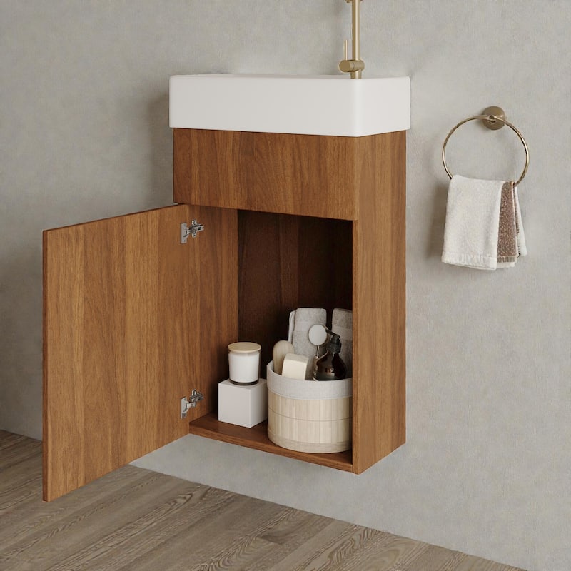 16.5" Floating Bathroom Vanity with Integrated Ceramic Sink, Wall Mounted Vanity with Storage, Modern Design
