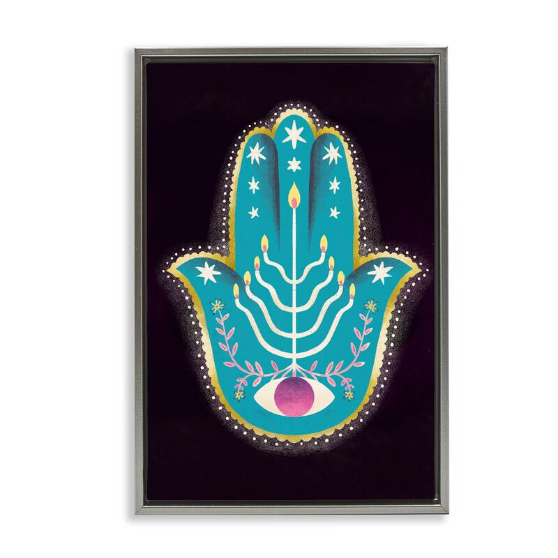 Stupell Spiritual Folk Style Hamsa Framed Floater Canvas Wall Art Design By Hannah Moren - 17 x 25 - Grey