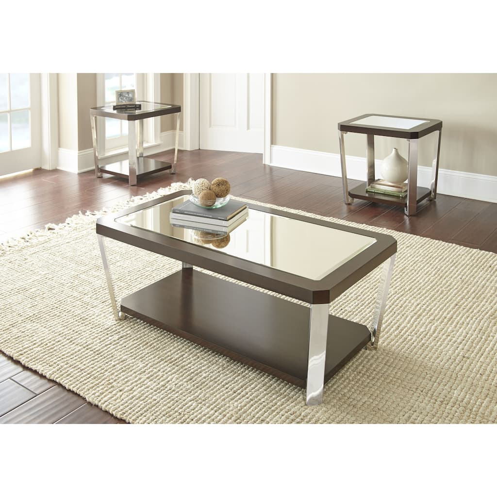 Steve Silver Trimble Mirrored Glass, Wood and Chrome 3-Piece Occasional Set