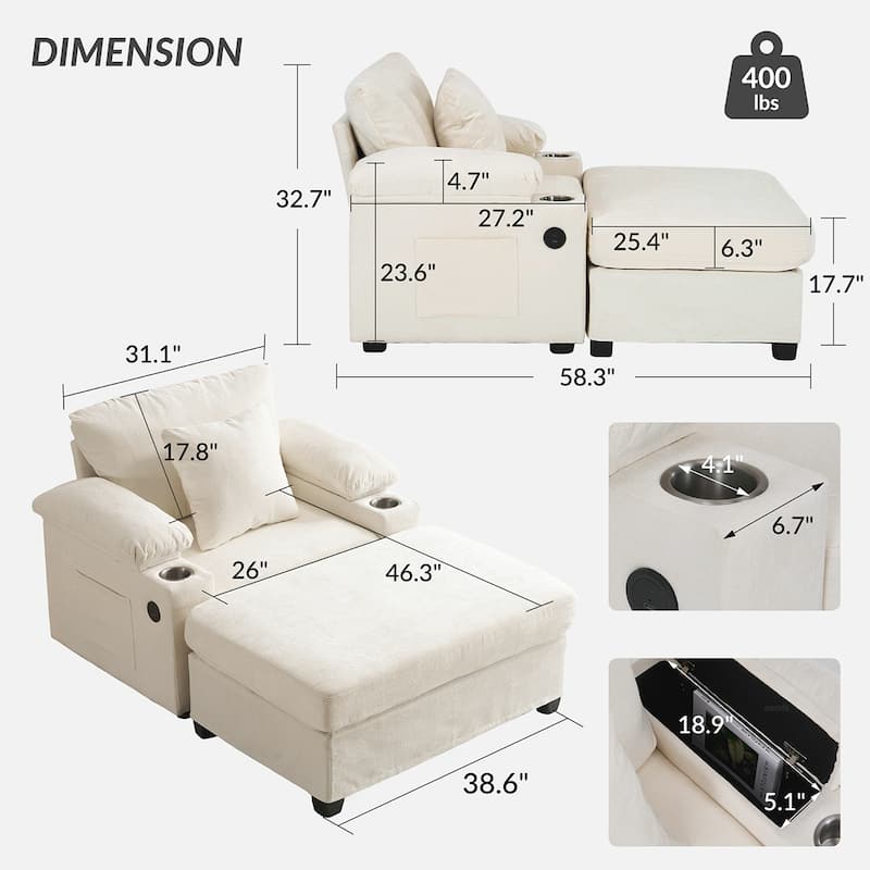 USB Charging Ports Oversized Arm Chair With Ottoman