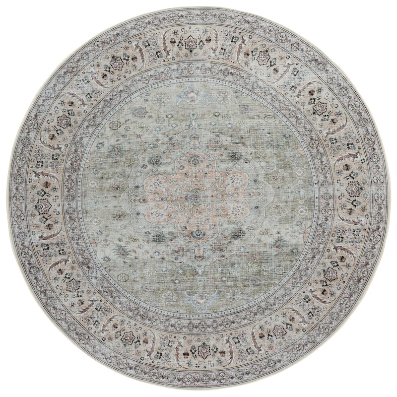 SAFAVIEH Tucson Renda Machine Washable & Slip Resistant Rug - 6' Round - Light Green/Beige