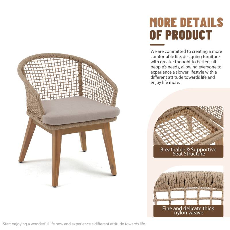 Extendable Outdoor Dining Set with Woven Rope Back Chairs with Cushions and All-Weather Aluminum Patio Table