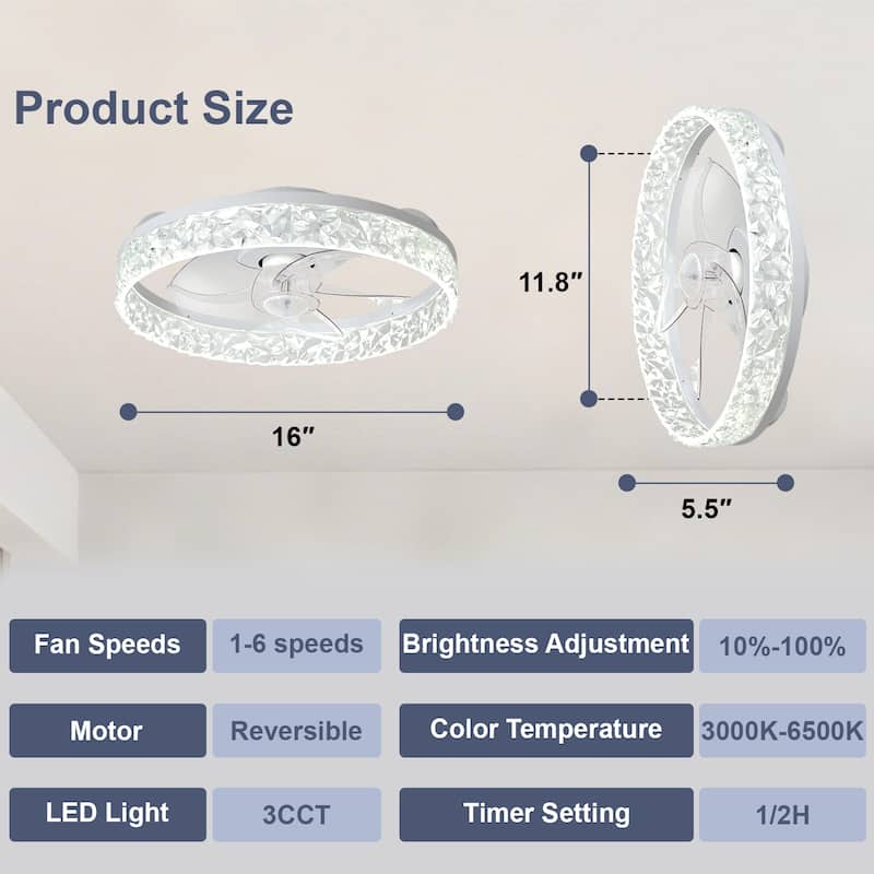 Low Profile Ceiling Fan with Light: 20-16 Inch, App Remote Control, Dimmable 3 CCT LED, 6 Wind Speeds, Ultra Quiet