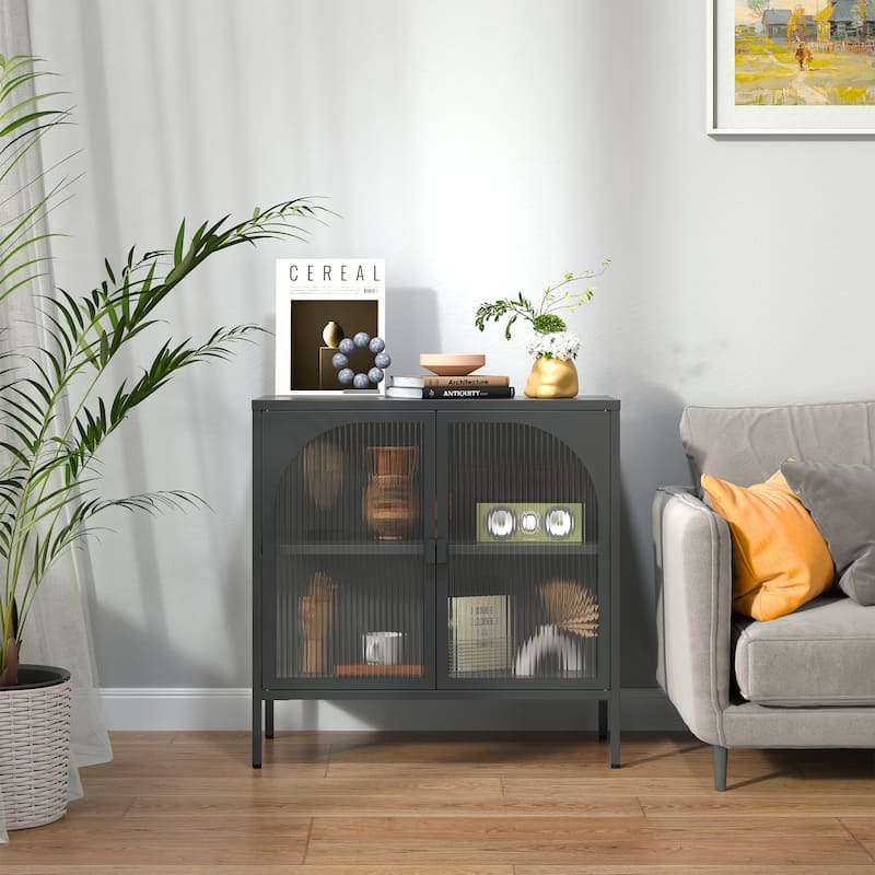Benoît 31.56 inch Black Two Door Metal Sideboard with Fluted Clear Doors - 31.57