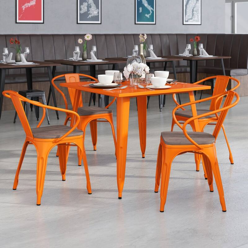 4 Pk. Metal Chair with Wood Seat and Arms - Orange