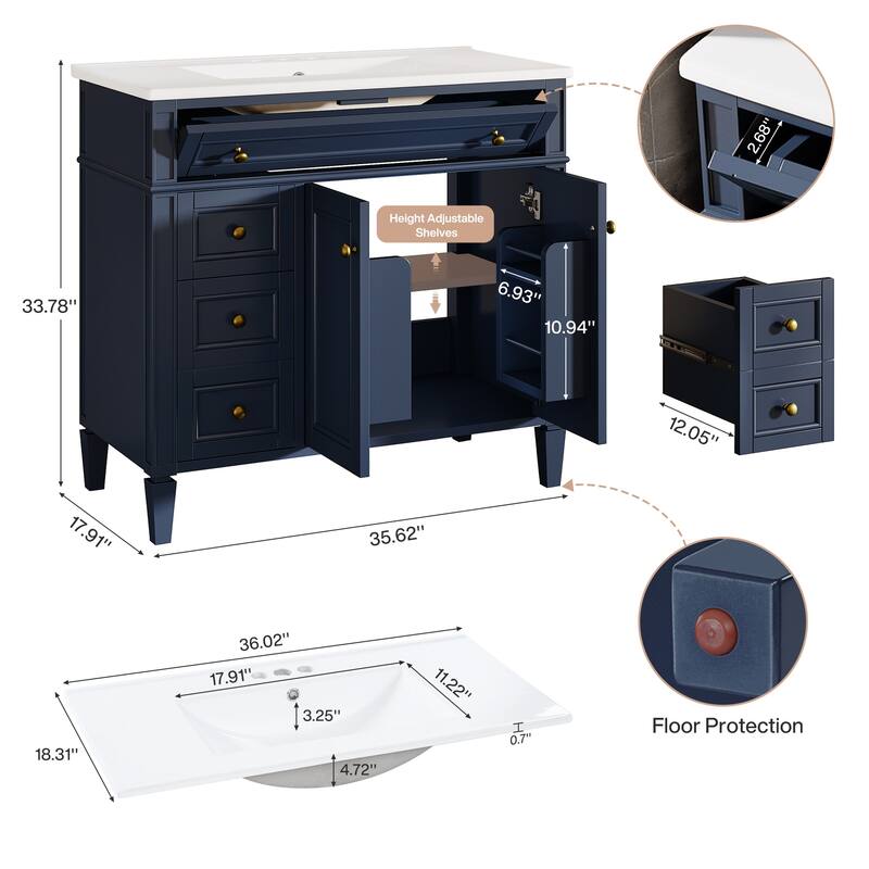 36" Bathroom Vanity with Sink, Modern Bathroom Sink Cabinet with 4 Drawers & 2 Doors, Solid Wood Frame