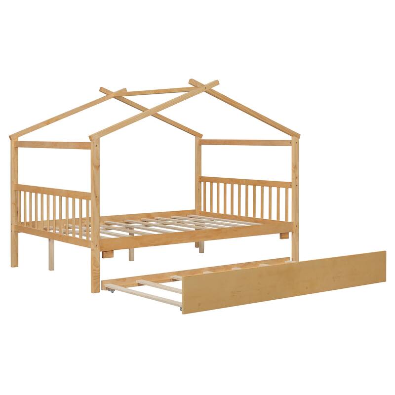 Kids Full Size House Bed with Pull-Out Trundle and Headboards Durable Pine Construction