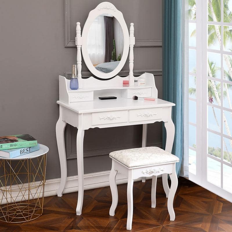 Modern Concise 4-Drawer 360-Degree Rotation Removable Mirror Dresser White