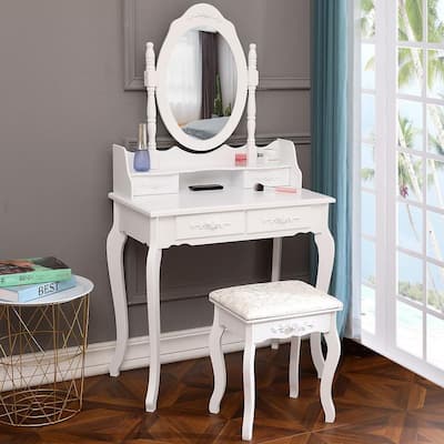 Modern Concise 4-Drawer 360-Degree Rotation Removable Mirror Dresser White