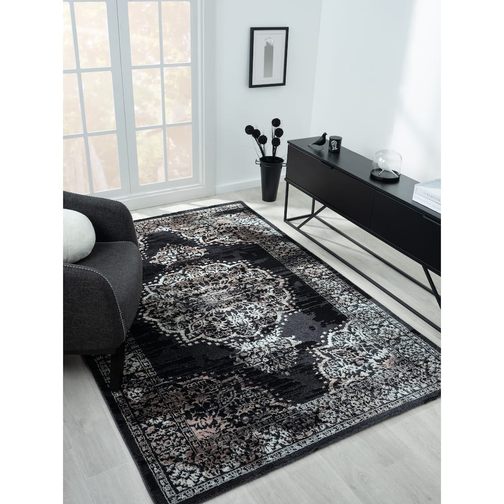 Bergamo Collection Black/Brown Oriental Inspired Transitional Area Rug