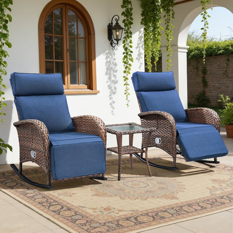 Meyreso Wicker Rocking Reclining Chaise Lounge with Adjustable Backrest & Footrest - Blue/3-Piece
