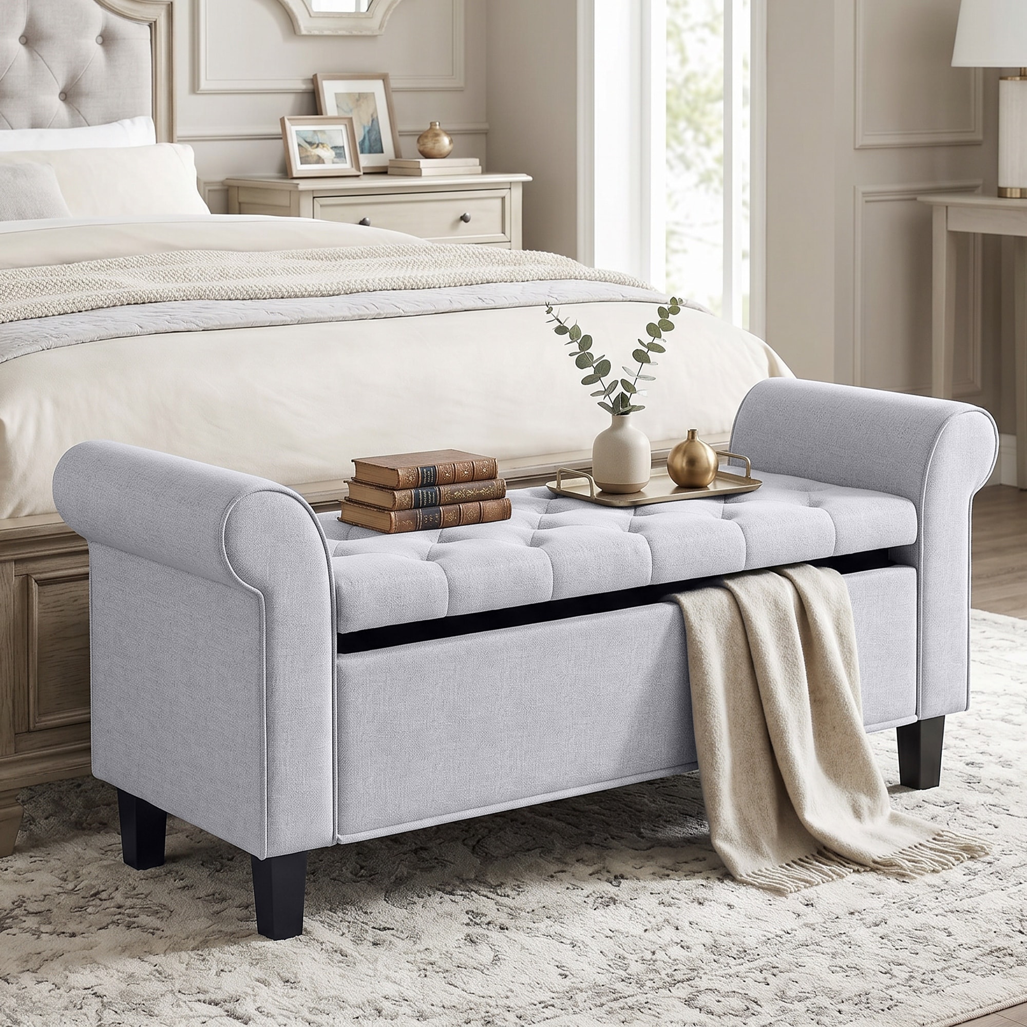 HOMCOM 47" Storage Ottoman Bench, Tufted Long Ottoman with Storage Chest, Rolled Arms, Wooden Legs, End of Bed Bench,Bedroom