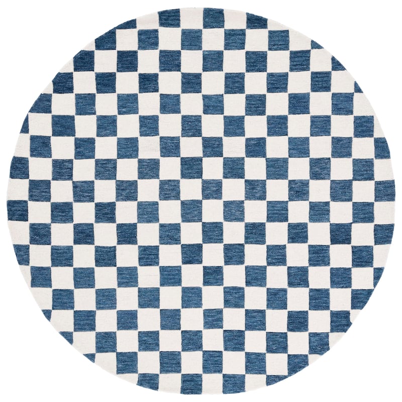 SAFAVIEH Handmade Martha Stewart Collection Berthild Checkered Wool Rug - 6' Round - Blue/Ivory - Round